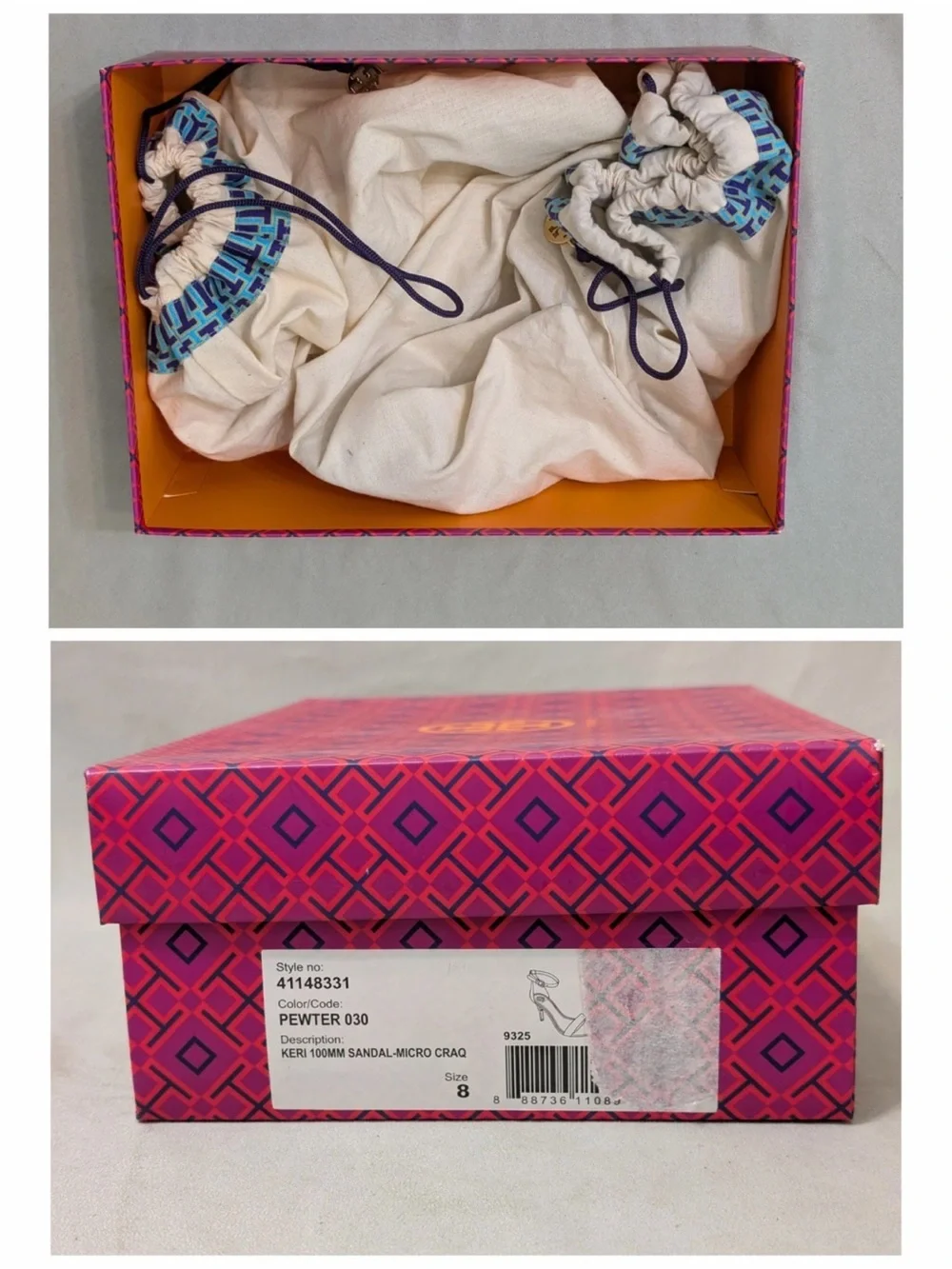 Tory Burch Keri 100mm Sandal Pewter Micro Craq Metallic Stiletto Heel Size 8